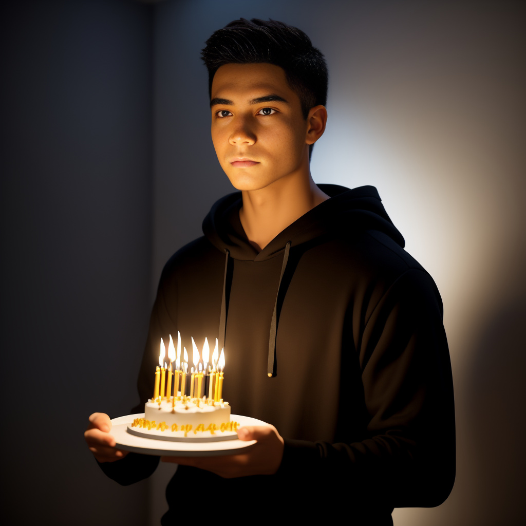 A glamorous studio portrait of a young boy celebrating his 22nd birthday, captured in a softly lit, minimalist setting. he wears black hoodie with some graphic art. he holds a small, round birthday cake decorated with red lace patterns and topped with golden number candles “22” the boy is captured in a moment of blowing out the candles, his expression serene and elegant. a circular spotlight behind his casts a clean, dramatic shadow that enhances the cinematic quality in anime style
