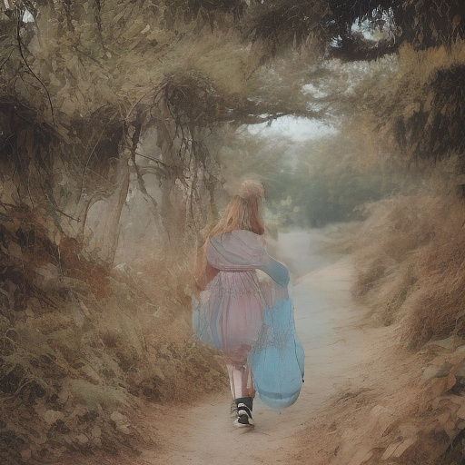 A 9-year-old girl is walking along a forest path. it's evening. she has a basket in her hand. view from behind. in custom style
