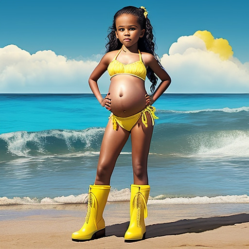 Realistic, detailed, pregnant, yellow bikini boots, beach, 7 years old, jenna ortega, standing,  in custom style