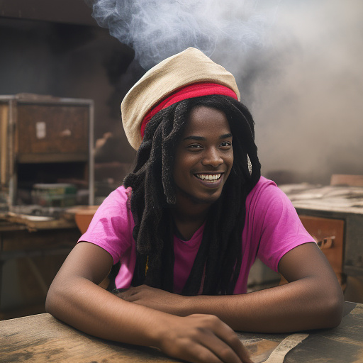 A black rastafarian is sitting on a worktable, smiling happily and smoking. the room is smoky. he's wearing a pink cap. in custom style