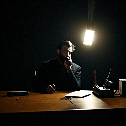 In a dark room, there is a telephone and a gun on the table. a man is sitting on a chair, and he is dead. in custom style