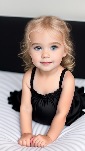 Realistic, detailed, 4-year-old blonde girl, in black dress, pregnant, laying in bed, top down full body view, red blush, right hand on belly   in custom style
