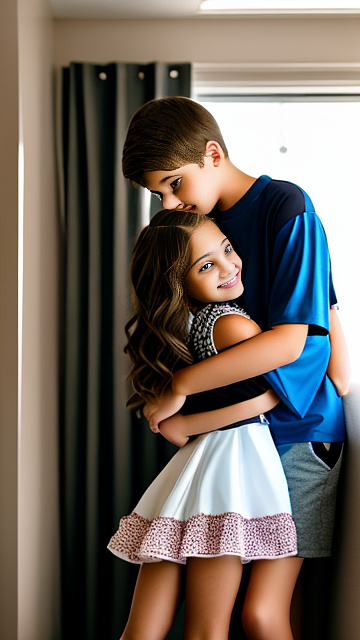 A romantic moment between a tween couple. the very sexy hot grade 6 girl, wearing her super sexy clothes, hugging the grade 6 boy. in custom style