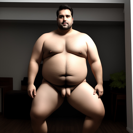 Full body obese dark haired white man without beard and huge hanging belly in custom style