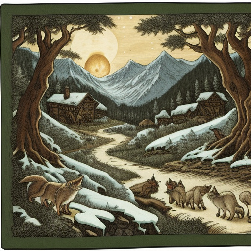 The wolf and the seven little goats, illustration for a fairy tale in custom style