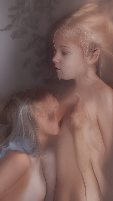 A 9-year-old naked girl is sucking another girl's breast. in custom style