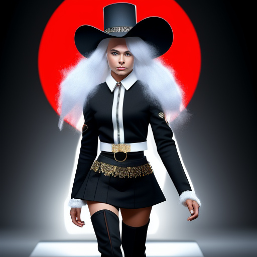 A humanoid with white skin, with her design being inspired by electrical outlets and plugs, like many other characters. she has a face that makes her look like an electrical outlet. she wears a white hat that looks like a plug with golden prongs on either side of her head and her hands have holes in their palms. her outfit consists of a blue dress or shirt with a red button and what appears to be black trousers and boots.  in disney painted style