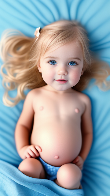 Realistic, detailed, 4-year-old blonde girl, in blue dress, pregnant, laying in bed, top down full body view, red blush, right hand on belly   in custom style