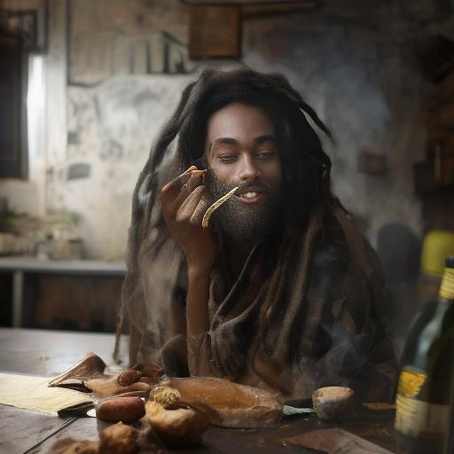 A black rastafarian is sitting on a worktable, smiling happily and smoking. the room is smoky. in custom style