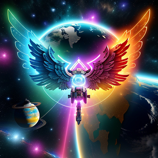 A cheerful transformer flies through space against the backdrop of planets. in angelcore style