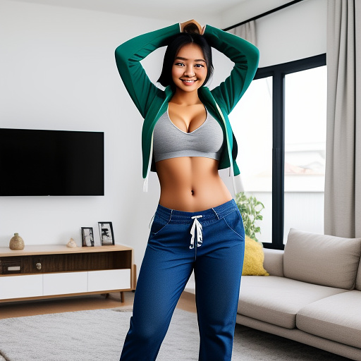 Asian college student with her arms up and large boobs and in a cropped long sleeve loose hoodie and jeans pants and showing her whole belly and cleavage and standing in the living room and full body picture in custom style