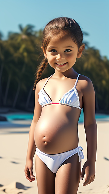 Realistic, detailed, 5-year-old girl, wearing white bikini, pregnant  in custom style