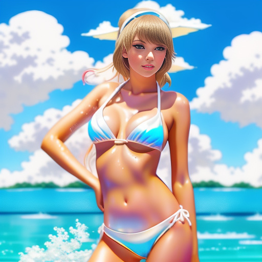 Taylor swift wearing a bikini soaked in milk
 in anime style