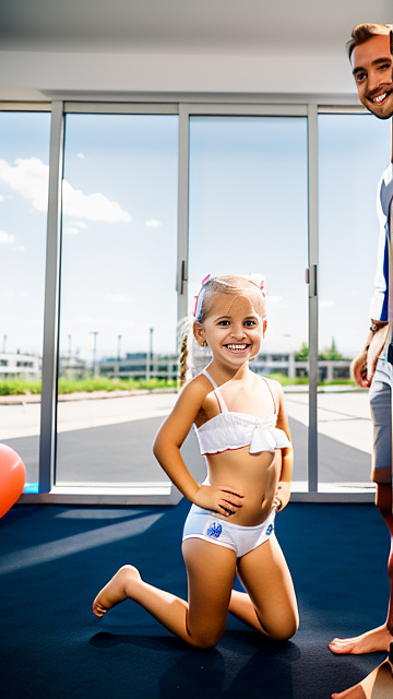 White cute smiling white 6 year blonde girl on knees,  next to blond 30-year-old-business man standing behind her, both people shown fully in picture, girl has a body of a 6 year old and man has the body of a 30 year old, girl is on her knees, slutty underwear, in custom style