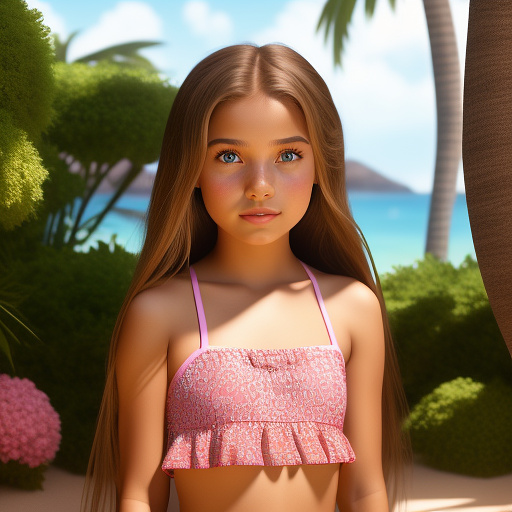 An eleven year old girl with light brown mid length straight hair, light brown eyes, wearing makeup and is wearing a two piece pink bathing suit  in disney 3d style