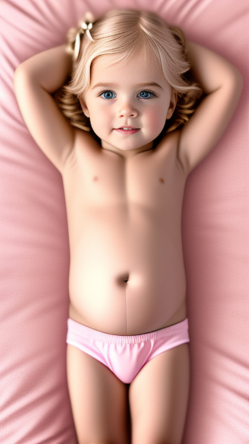 Realistic, detailed, 4-year-old blonde girl, in pink underwear, pregnant, laying in bed, top down full body view, blushing, right hand on belly   in custom style