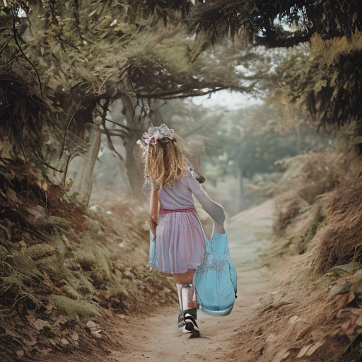 A 9-year-old girl is walking along a forest path. it's evening. she has a basket in her hand. view from behind. in custom style
