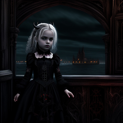 Devil litte blonde girl in ship in the night in gothic style
