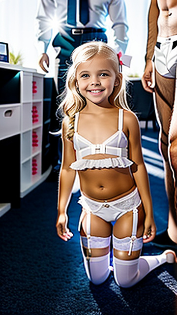 White, blonde, smiling, girl 5 years old on her knees, brassiere, underwear,  garter belt,  next to 35yr-business-man, show both people in picture, in custom style