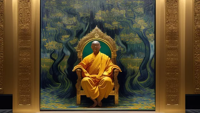 A monk sits on his throne, he is dead, he wears a very long yellow dress and a crow of throwns in neo impressionism style