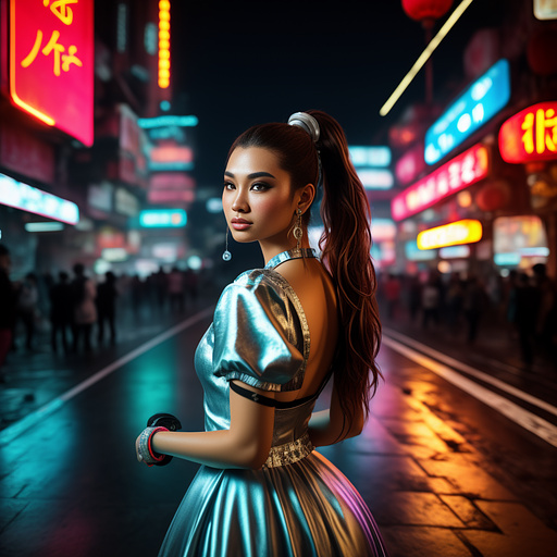 Cyborg cinderella with brown hair in a messy ponytail in a silver ball gown with grease stains on it
attending a chinese lunar festival in cyberpunk style
