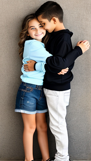 A romantic moment between a childhood couple. the very sexy hot 11 year old girl, wearing her super sexy casual clothes hugging the 11 year old boy. in custom style
