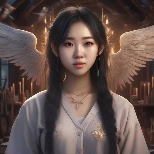 A 20-year-old asian girl who works as a carpenter  in angelcore style
