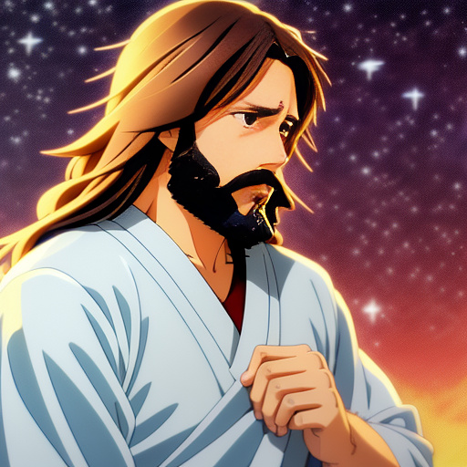 Create an imagen of jesus christ giving a hugo to a sad man in anime style