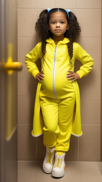 Pregnant, 7-years-old, jenna ortega, yellow jumpsuit, yellow boots, bathroom in custom style