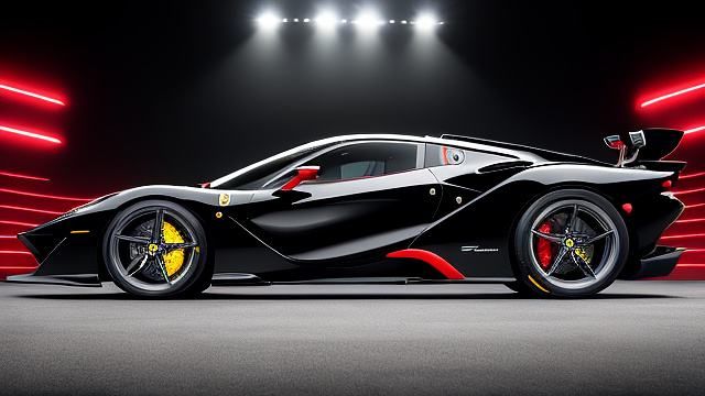 Showcases side view of a stunning redesigned 250 ferrari testa rossa, inspired by the classic 1957 model but reimagined with a futuristic and sleek aesthetic. the car is finished in a vibrant rossa corsa red, complemented by traditional white racing stripes running from the front hood to the rear, adding a classic racing heritage touch.

the front of the car features a sharp, aggressive design with slim, high-tech led headlights and a continuous blue led light strip above the large black grille. the iconic chrome prancing horse emblem is prominently displayed on the grille, polished and detailed to stand out.

the body is aerodynamic with smooth, flowing curves and sculpted side air intakes. the wheels are large, sporty, and modern with intricate black and silver rims bearing the ferrari logo at the center. the car is an open cockpit, maintaining a streamlined look.
 in cyberpunk style