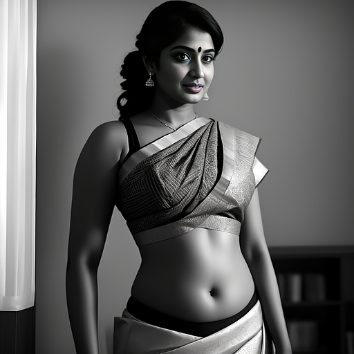 A teacher in a saree  showing her navel  in bw photo style