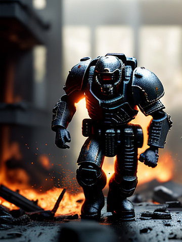 An injured 30 year old space marine pulls himself from flaming debris. in sci-fi style
