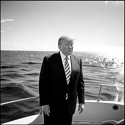 Donald trump on his big yacht throwing joe biden into the sea in bw photo style