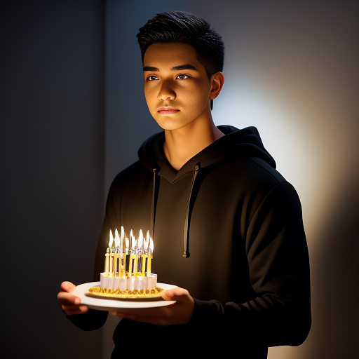 A glamorous studio portrait of a young boy celebrating his 22nd birthday, captured in a softly lit, minimalist setting. he wears black hoodie with some graphic art. he holds a small, round birthday cake decorated with red lace patterns and topped with golden number candles “22” the boy is captured in a moment of blowing out the candles, his expression serene and elegant. a circular spotlight behind his casts a clean, dramatic shadow that enhances the cinematic quality in anime style
