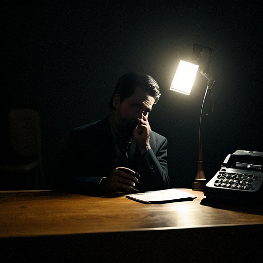 In a dark room, there is a telephone and a gun on the table. a man is sitting on a chair, and he is dead. in custom style