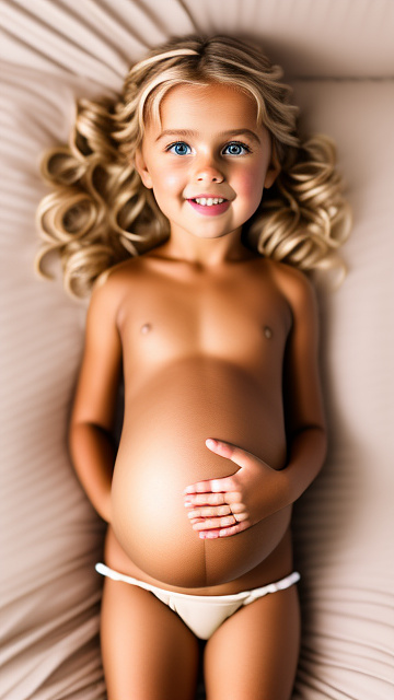 Realistic, detailed, 9-year-old blonde girl, pregnant, tan wedding outfit, showing belly, laying in bed, top down full body view, red blush, tan skin, mouth open,  in custom style