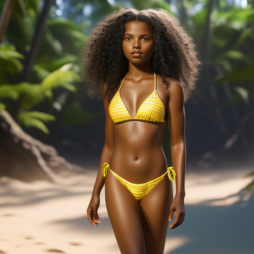 Realistic, detailed, 12 year old girl wearing a golden yellow shiny bikini, black curly hair, full body, background beach in realistic style