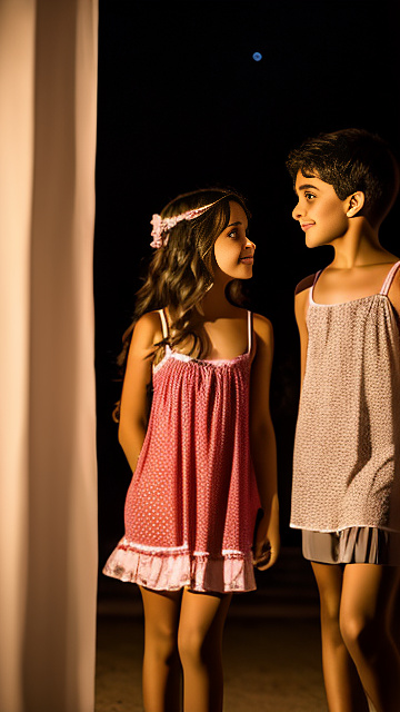 A romantic moment between a childhood couple. the grade-6 sexy hot girl, wearing her revealing nightgown, does sandungueo dance with the grade-6 boy. in custom style