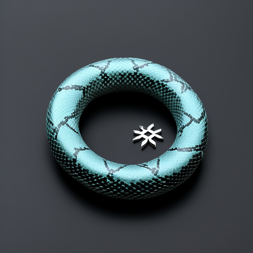 Ouroboros snake with seven legs and a snow crystal on the center in custom style