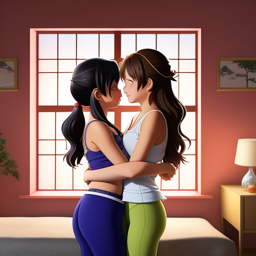 A romantic moment between a childhood couple in a cozy bedroom. the grade-5 sexy hot girl, wearing a light, stylish bras and yoga pants, shares a gentle kiss with the grade-5 boy. the couple is in a loving embrace, surrounded by a comfortable and intimate atmosphere. the scene feels tender and affectionate, capturing the essence of love. in anime style