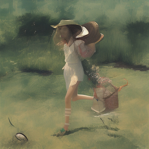 A girl is skipping across a sunny lawn. she has a basket in her hands and a hat on her head. in custom style