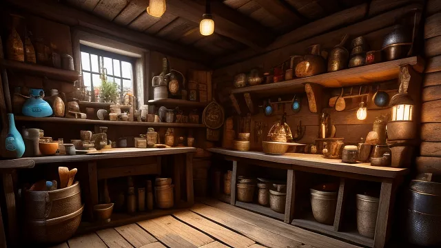 Medieval tinker's workshop in disney 3d style