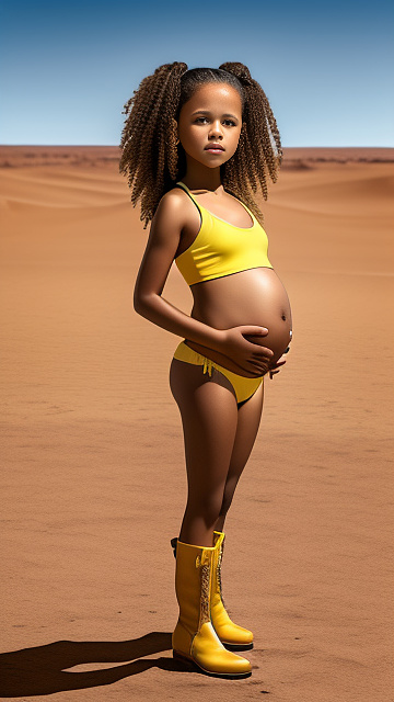 Hyper-realistic, hyper-detailed, pregnant, 7-years-old, jenna ortega, desert, yellow bikini and boots, in custom style