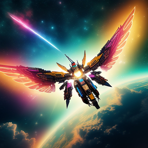 A cheerful transformer flies through space against the backdrop of planets. in angelcore style