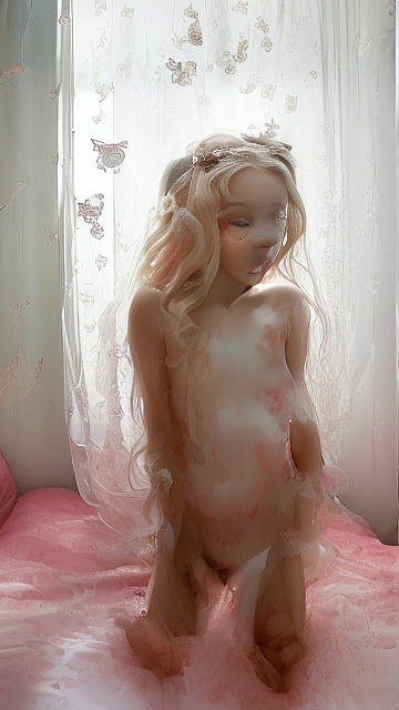 A 7-year-old girl lies naked on a bed and masturbates. in angelcore style