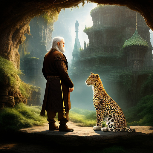 A leopard standing next to a praying old man in fantasy style