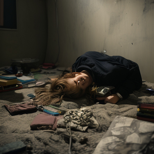 A 13-year-old girl lies on a bed in a dark room and cries. the room is dark, smoky and a mess, the bed is broken. there is an ashtray with an outstanding cigarette on the table. in custom style