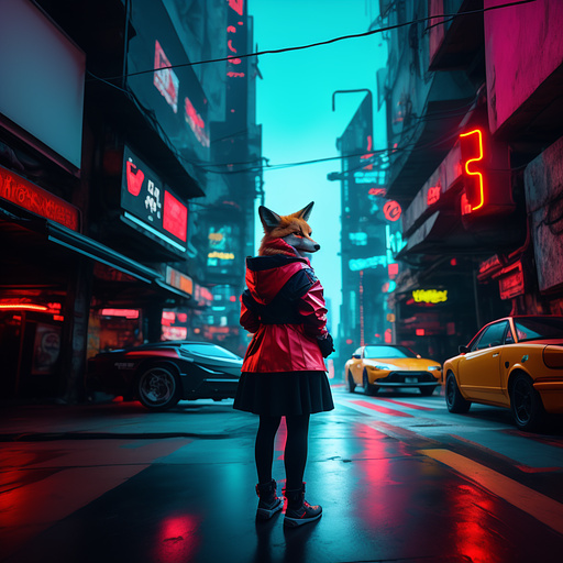 Anthropomorphic fox as little red riding hood in cyberpunk style