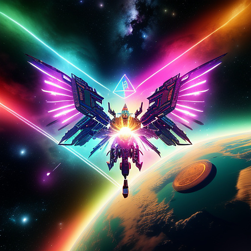 A cheerful transformer flies through space against the backdrop of planets. in angelcore style