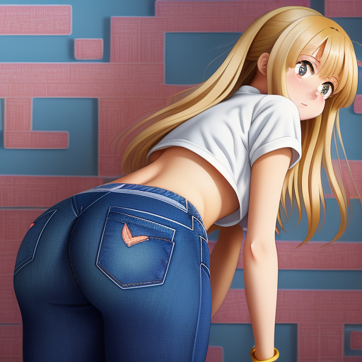A girl bent over in jeans big ass crop top blonde cute slim👅👀👍 bigger booty big ass 👀🍑 in anime style